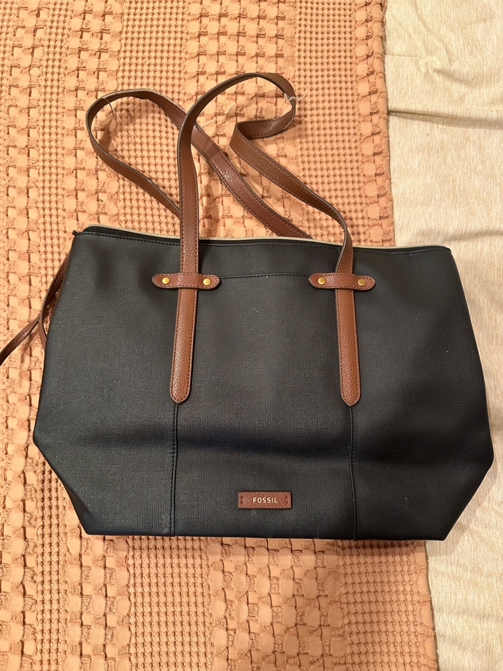 Fossil Black Tote with Brown Trim